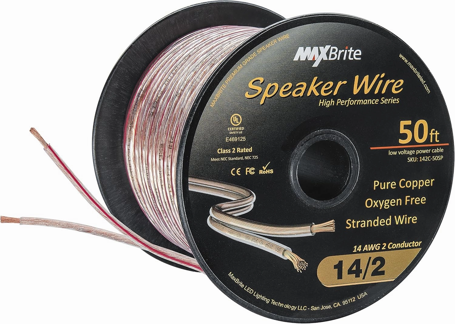 High Performance 14 Gauge Speaker Wire, Oxygen Free Pure Copper - UL Listed Class 2 (50 Feet Spool) speaker cable,audio wire,hi-fi speaker cord,