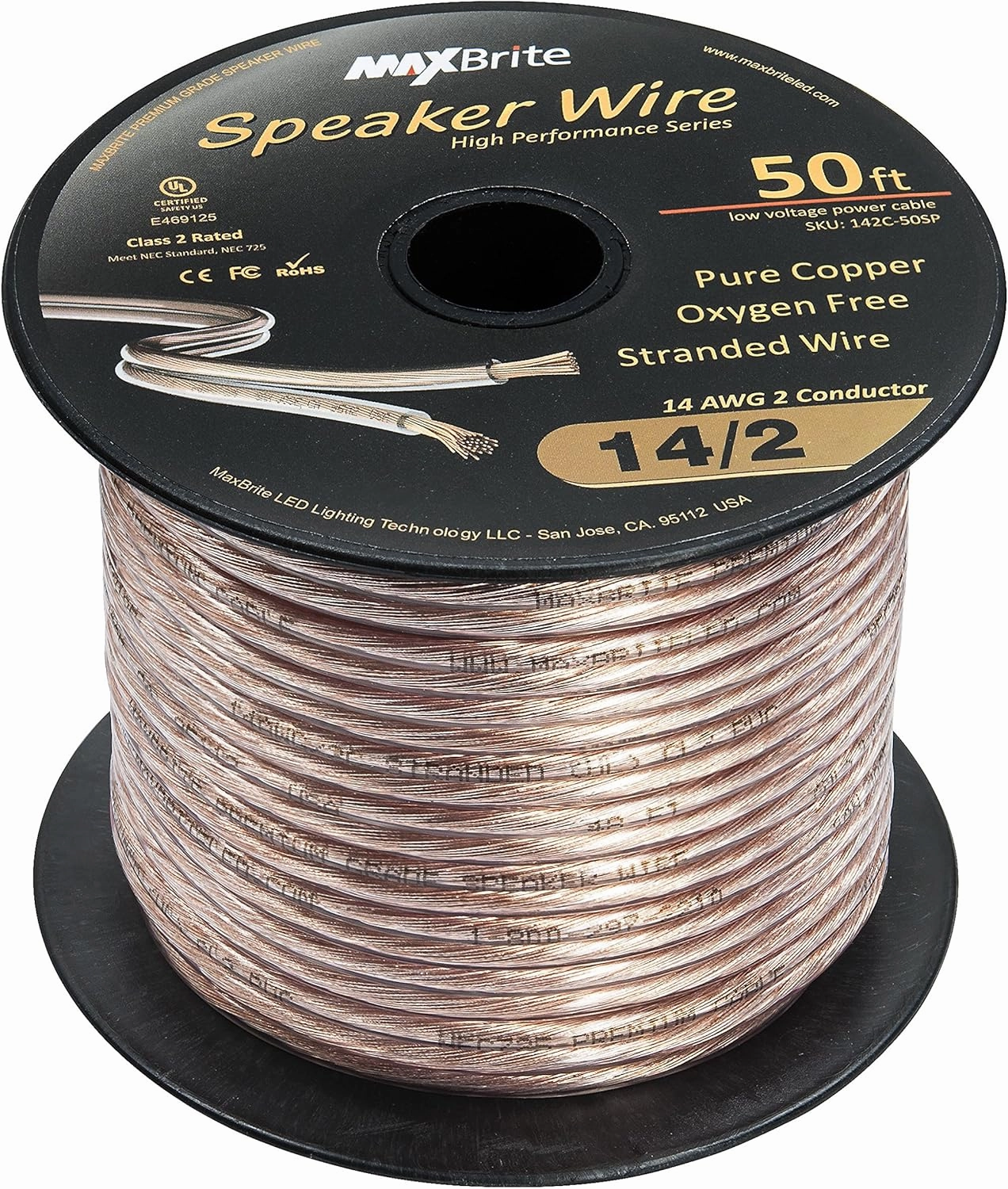 High Performance 14 Gauge Speaker Wire, Oxygen Free Pure Copper - UL Listed Class 2 (50 Feet Spool)