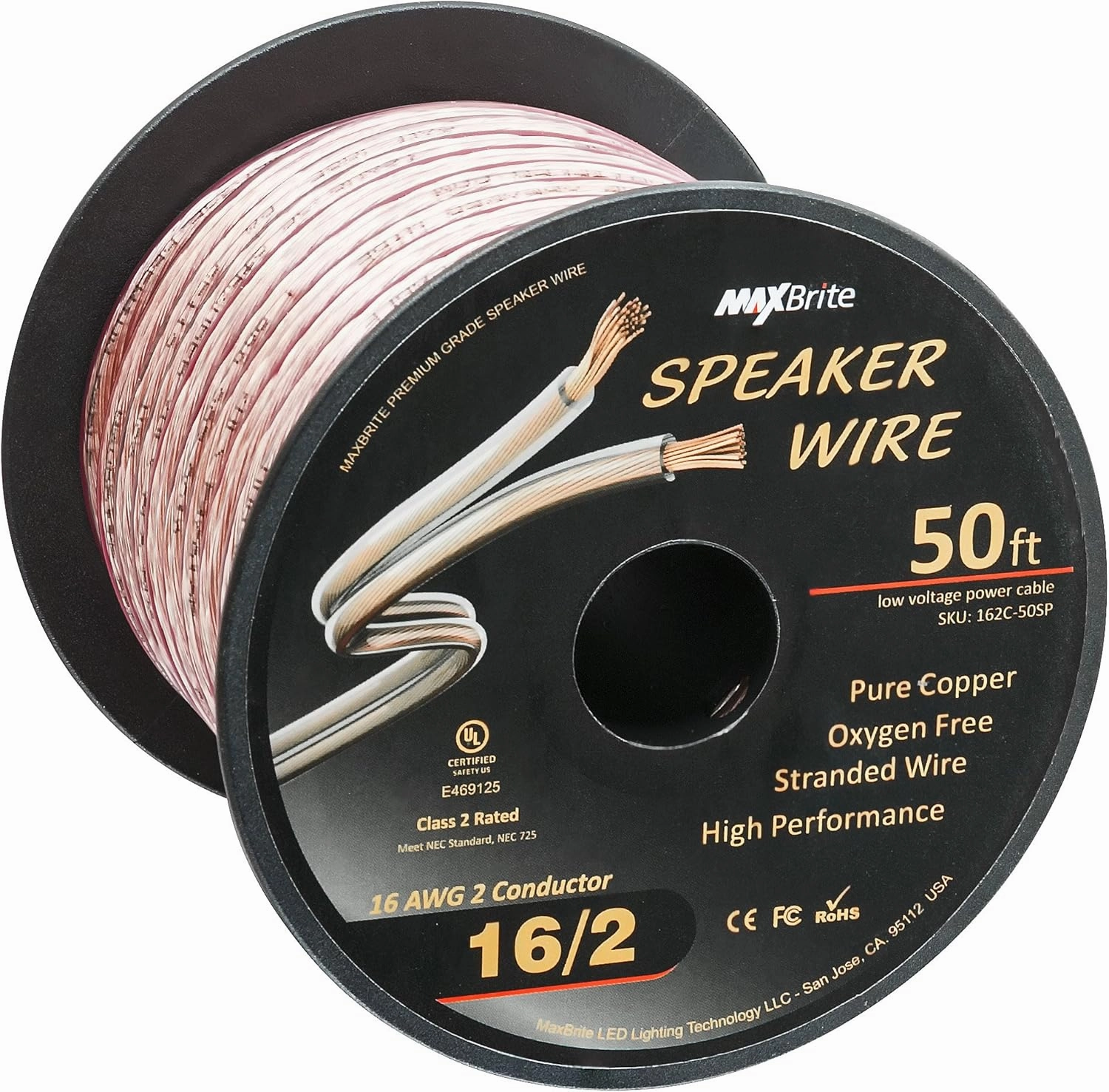 High Performance 16 Gauge Speaker Wire, Oxygen Free Pure Copper - UL Listed Class 2 (50 Feet Spool) speaker cable,audio wire,hi-fi speaker cord,