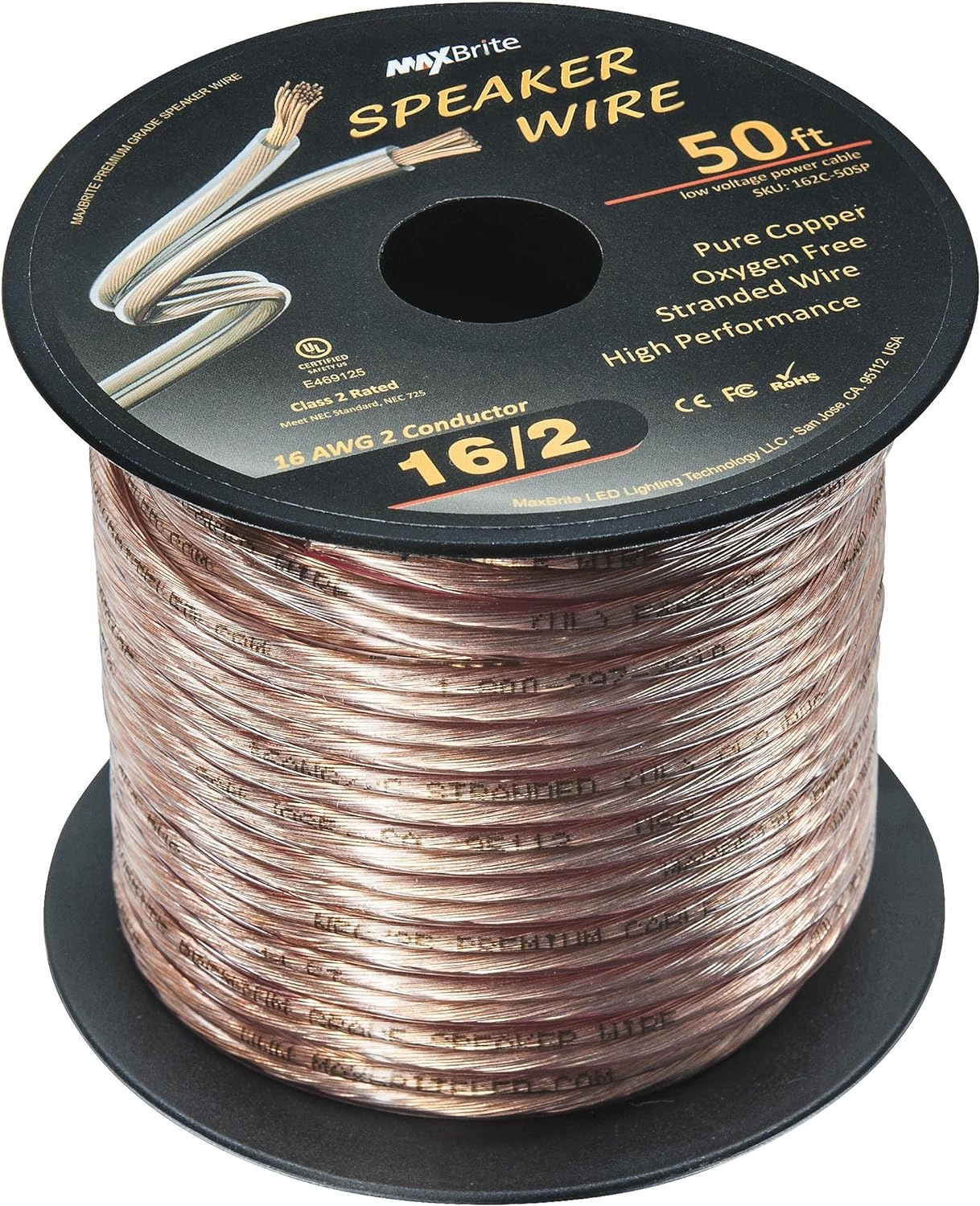 High Performance 16 Gauge Speaker Wire, Oxygen Free Pure Copper - UL Listed Class 2 (50 Feet Spool)