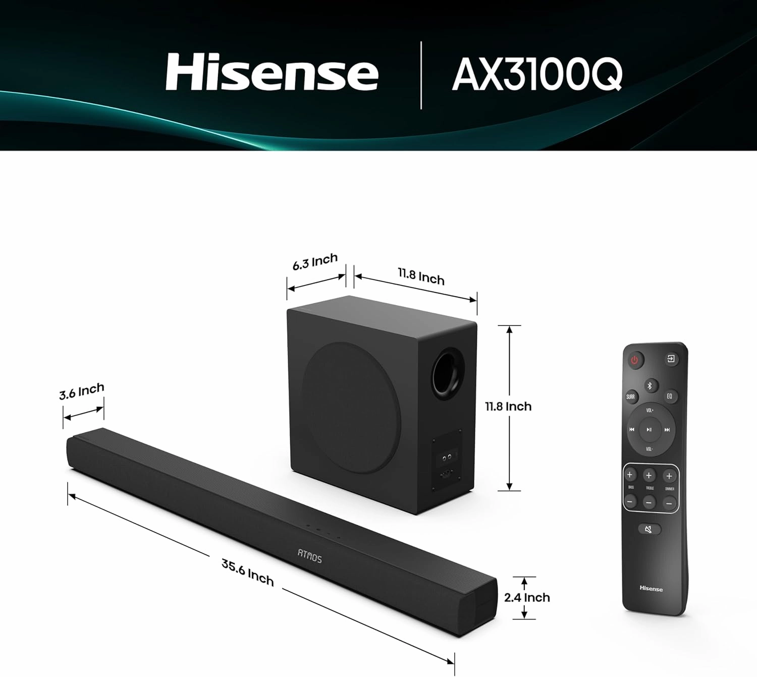 Hisense AX3100Q 3.1Ch Sound Bar with Wireless Subwoofer, Dolby Atmos, DTS:X, Bluetooth 5.3, Roku TV Ready, HDMI/AUX/ARC/Optical/USB, EzPlay, Ez UP, 7 EQ Modes