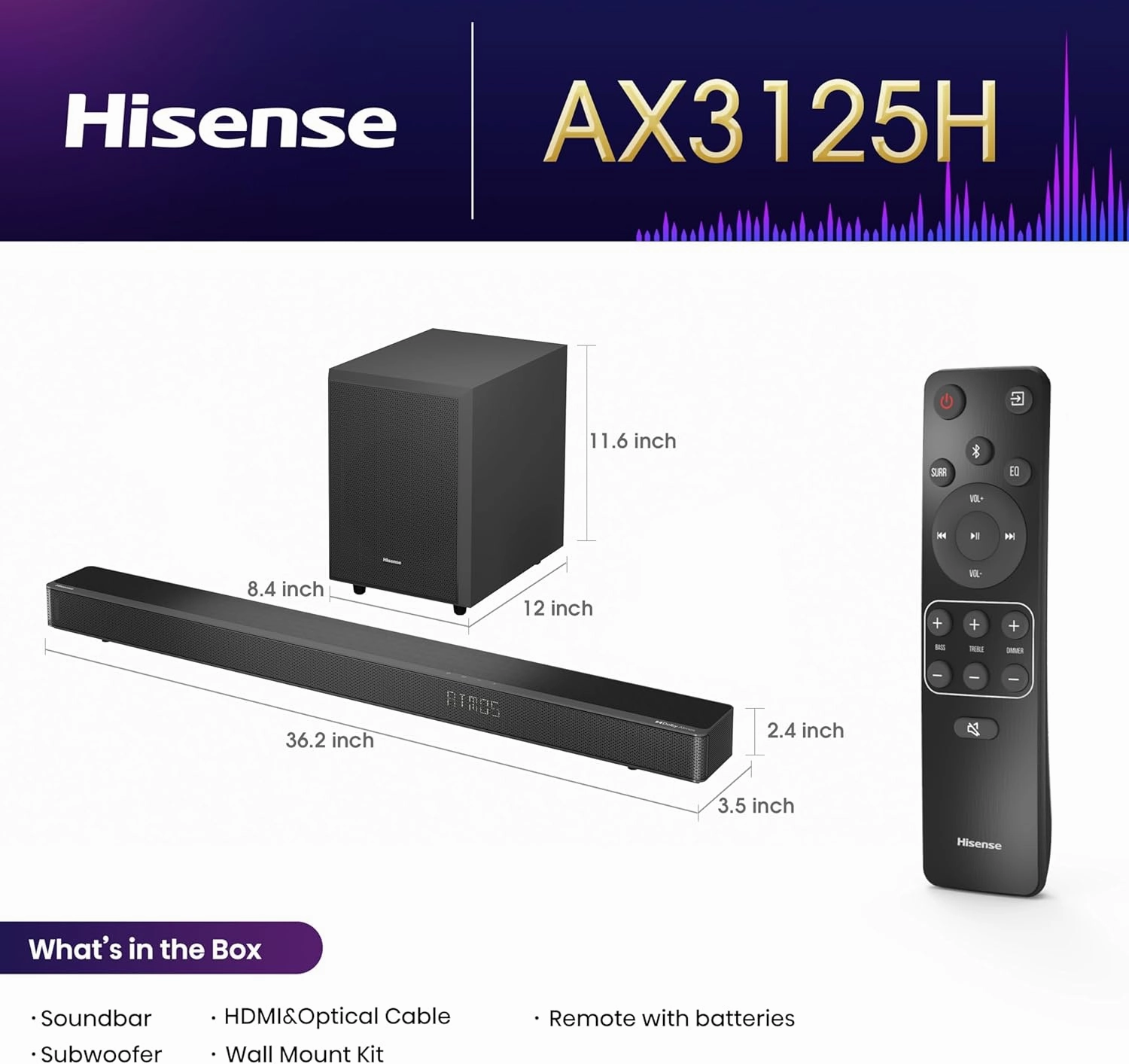 Hisense AX3125H 3.1.2Ch Sound Bar with Wireless Subwoofer, 440W, Dolby Atmos, Bluetooth 5.3, EzPlay, 4K HDMI Pass Through, Roku TV Ready, DTS:X, HDMI/AUX/ARC/Optical/USB, 7 EQ Modes