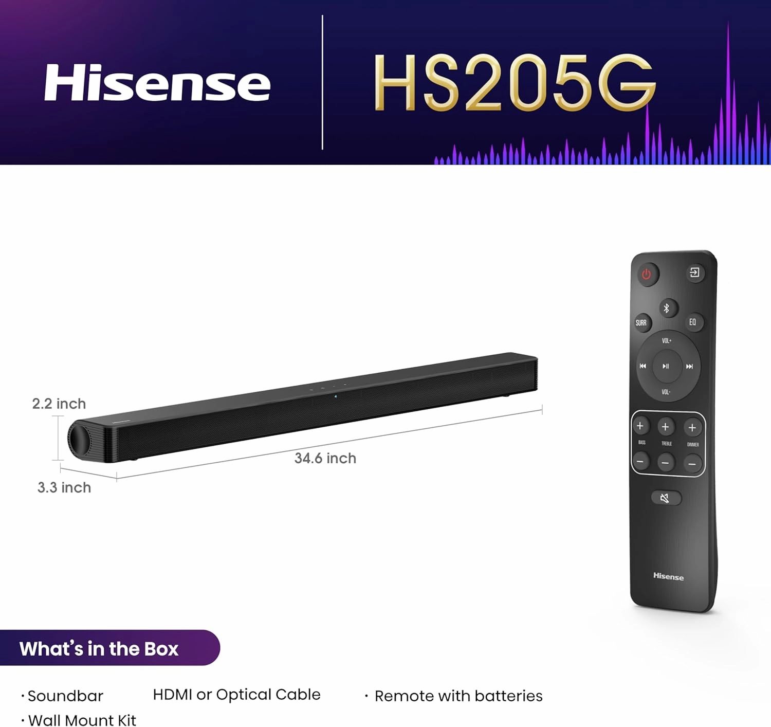Hisense HS205G 2.0Ch Sound Bar, 120W, DTS Virtual: X, Dolby Audio, HDMI/ARC/Optical/USB, Bluetooth, Roku TV Ready, Black (HS205G, 2024 Model)