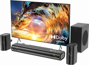 Hiwill 4.1ch Sound Bar with Dolby Atmos, 300W Sound Bar for Smart TV with Subwoofer, 2 Front Surround Speakers, Soundbar for TV Speaker, Adjustable Bass, Surround Sound System for TV, HiElite A41 surround sound system,cinema audio kit,5.1 surround package,