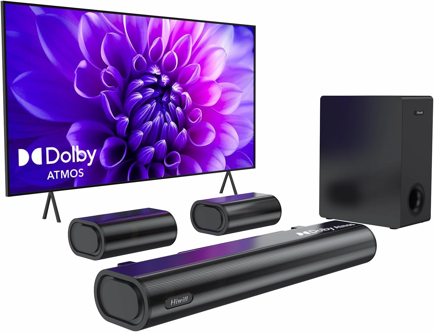 Hiwill 5.1ch Dolby Atmos Soundbar with 5.25'' Subwoofer, Clear Voice, Surround Sound System w/2 Wired Rear Speakers, 380W Peak Power Bluetooth PC Sound Bar for TV, eARC/ARC/Opt, 2025 surround sound system,cinema audio kit,5.1 surround package,
