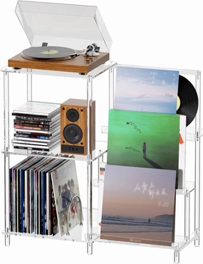HMYHUM Acrylic Record Player Stand with Vinyl Storage, 3-Tier Table with Record Holder, Holds Up to 200 Albums, with Dividers vinyl storage,record holder,LP organizer,