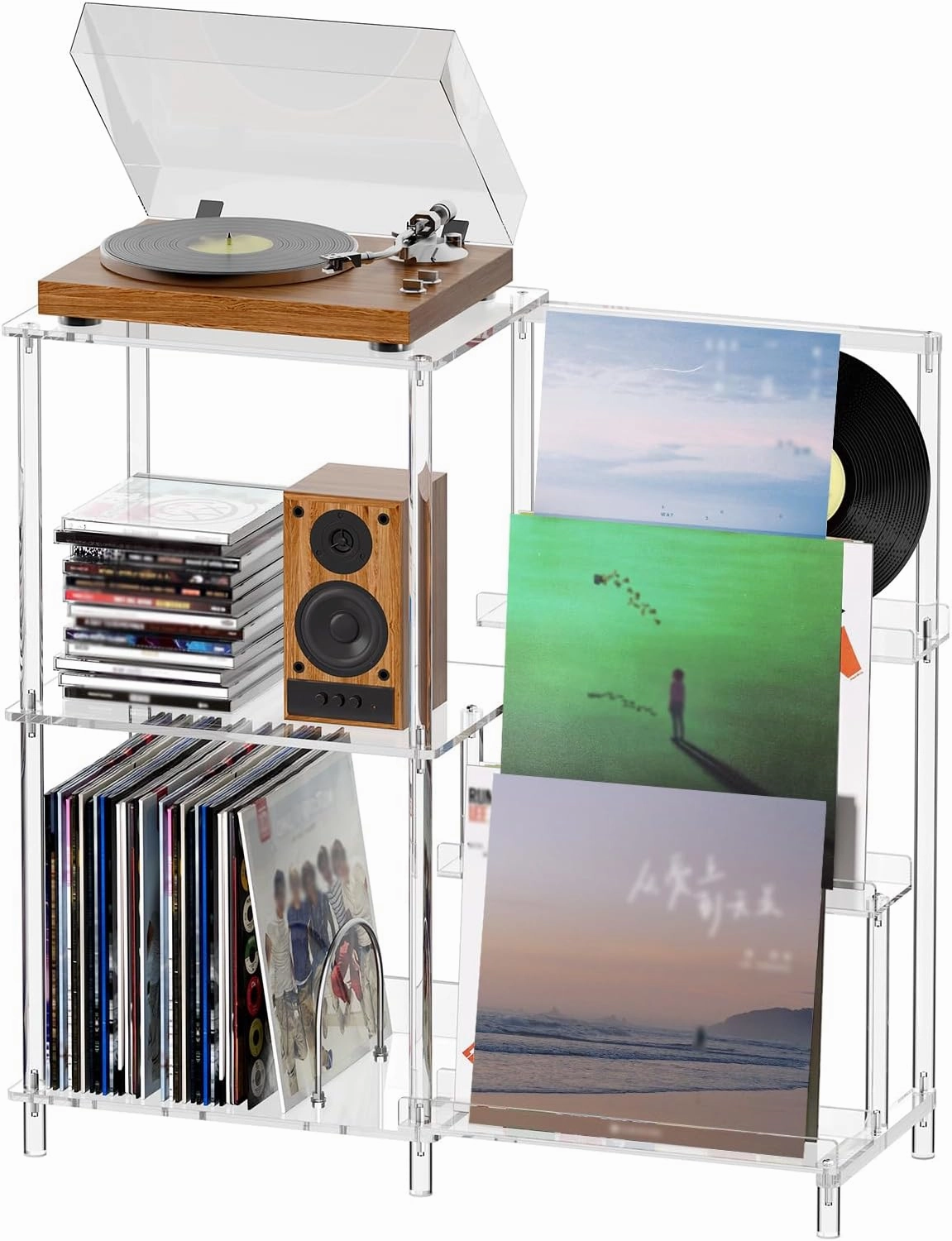 HMYHUM Acrylic Record Player Stand with Vinyl Storage, 3-Tier Table with Record Holder, Holds Up to 200 Albums, with Dividers vinyl storage,record holder,LP organizer,