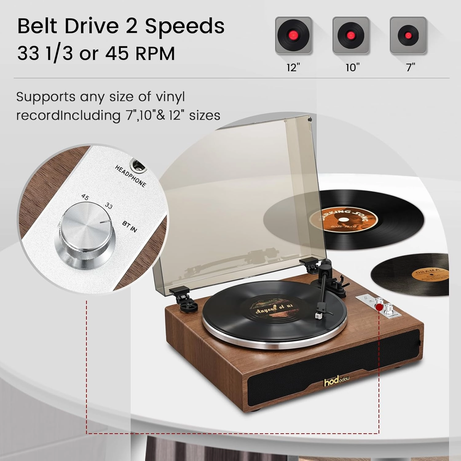 Hododou Belt-Drive Turntable for Vinyl Records, Record Player with Magnetic Cartridge, High-Fidelity Vinyl Player with Speaker, Stereo Turntable for LP & 45s, Plays 33-1/3 and 45 RPM Records