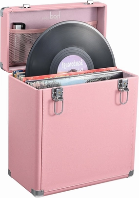 Hododou Vinyl Record Storage Box with Lock Record Organizer Storage for 32  Single Records 12-inch Water Resistant Collapsible Storage Crate with Handle Mesh Pouch for Valuable Album Collection Pink vinyl accessories,turntable parts,record player tools,