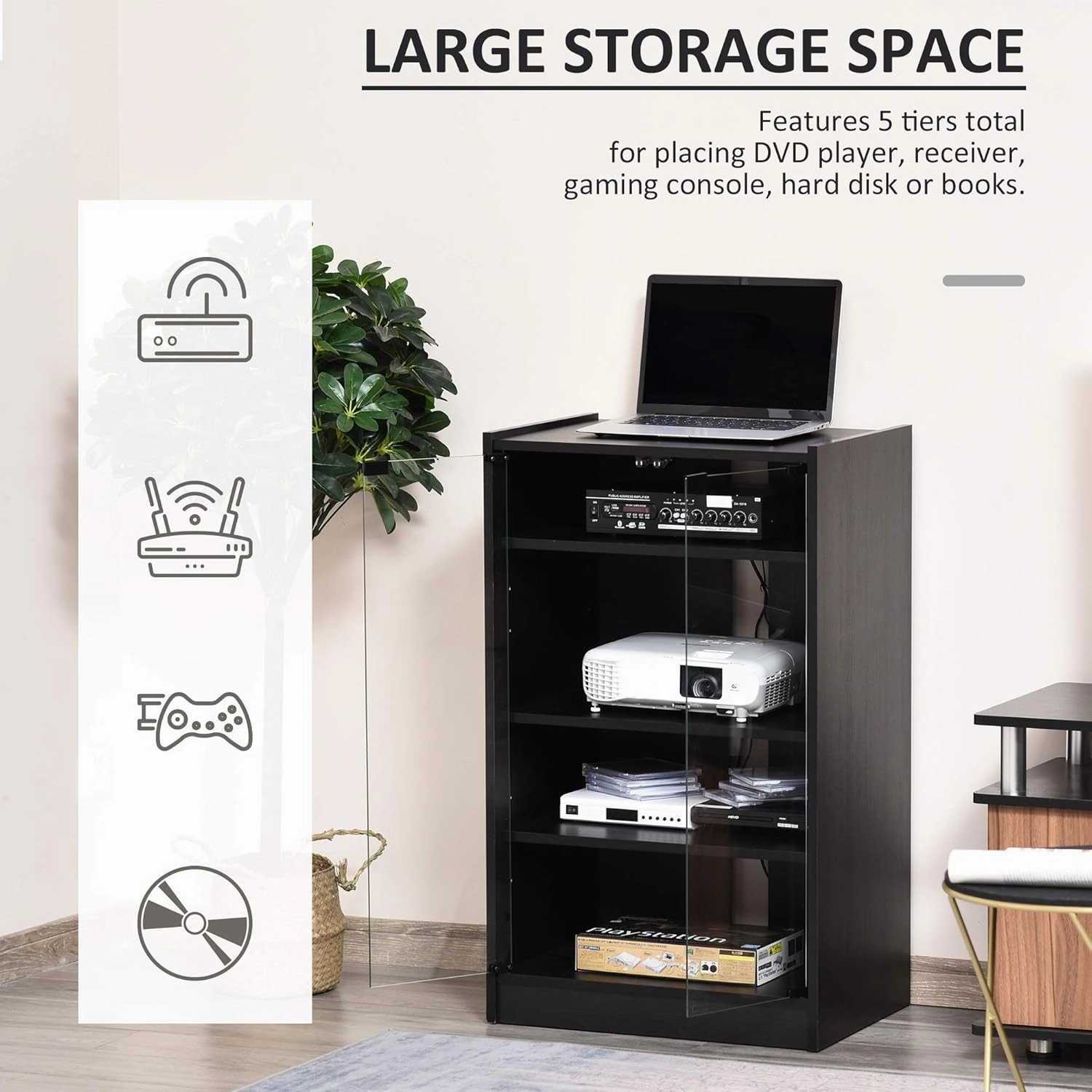 HOMCOM Media Cabinet, 4-Tier Stereo Cabinet, Record Player Stand with Vinyl Record Storage, Adjustable Shelves, Tempered Glass Doors and Cable Management, Distressed Black
