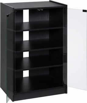HOMCOM Media Cabinet, 4-Tier Stereo Cabinet, Record Player Stand with Vinyl Record Storage, Adjustable Shelves, Tempered Glass Doors and Cable Management, Distressed Black equipment cabinet,AV gear cabinet,component enclosure,