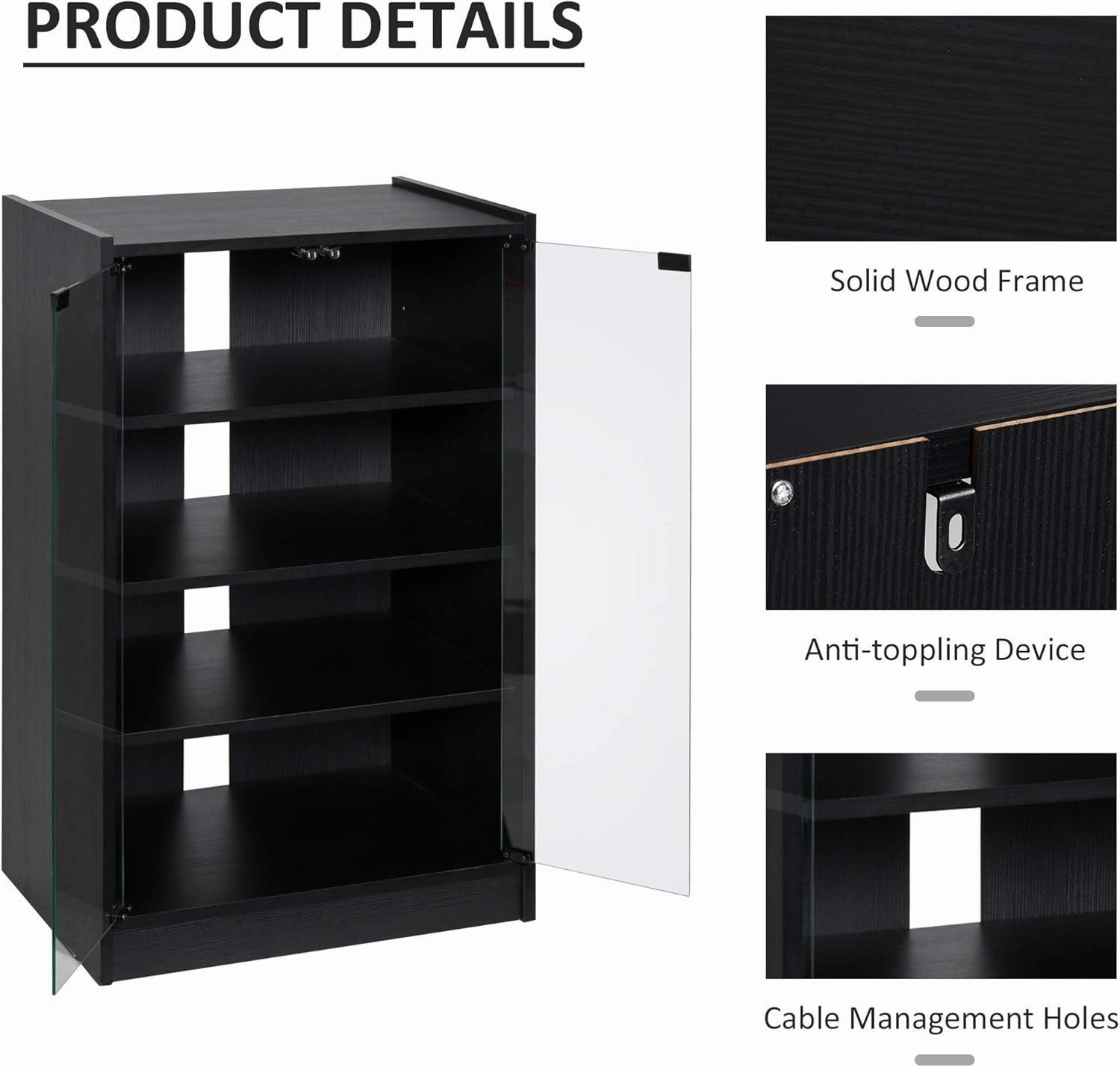HOMCOM Media Cabinet, 4-Tier Stereo Cabinet, Record Player Stand with Vinyl Record Storage, Adjustable Shelves, Tempered Glass Doors and Cable Management, Distressed Black