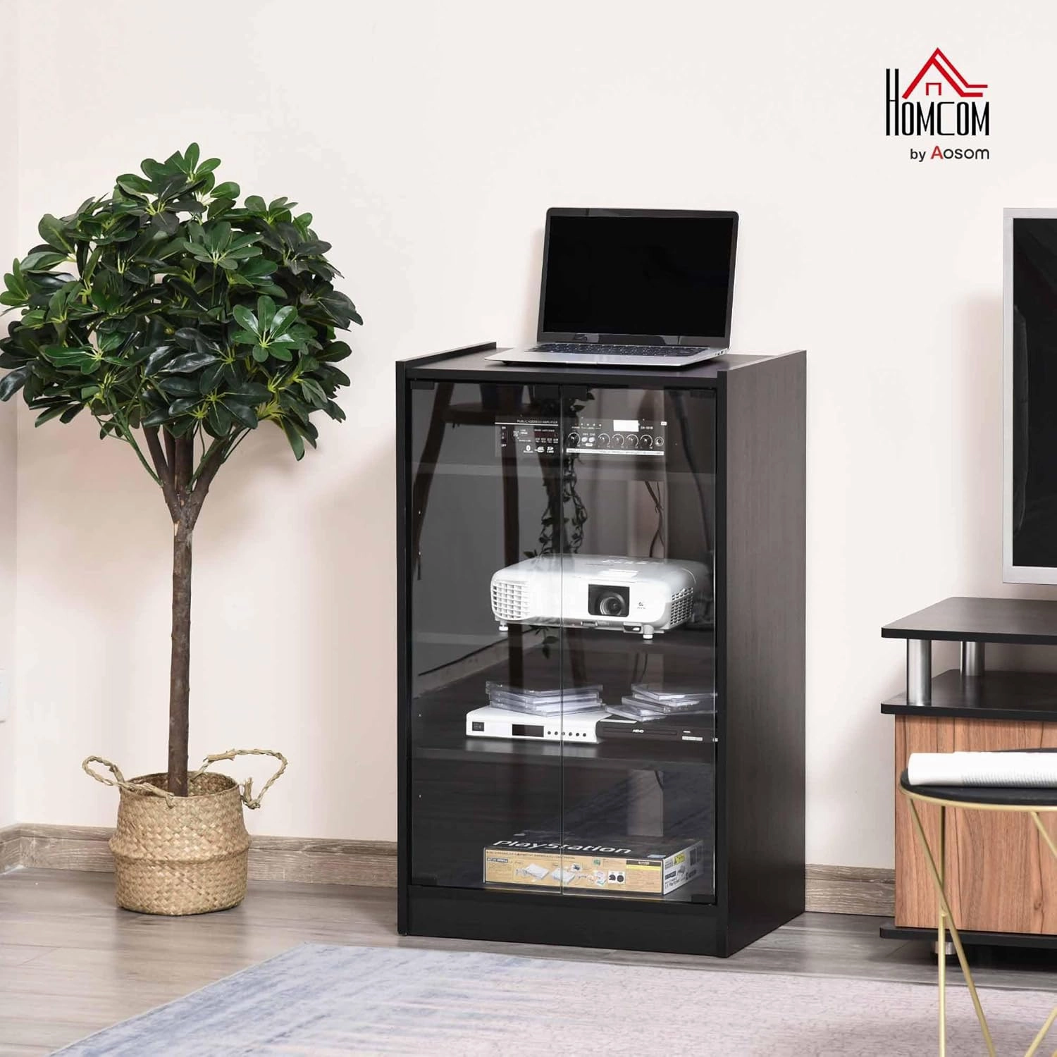 HOMCOM Media Cabinet, 4-Tier Stereo Cabinet, Record Player Stand with Vinyl Record Storage, Adjustable Shelves, Tempered Glass Doors and Cable Management, Distressed Black