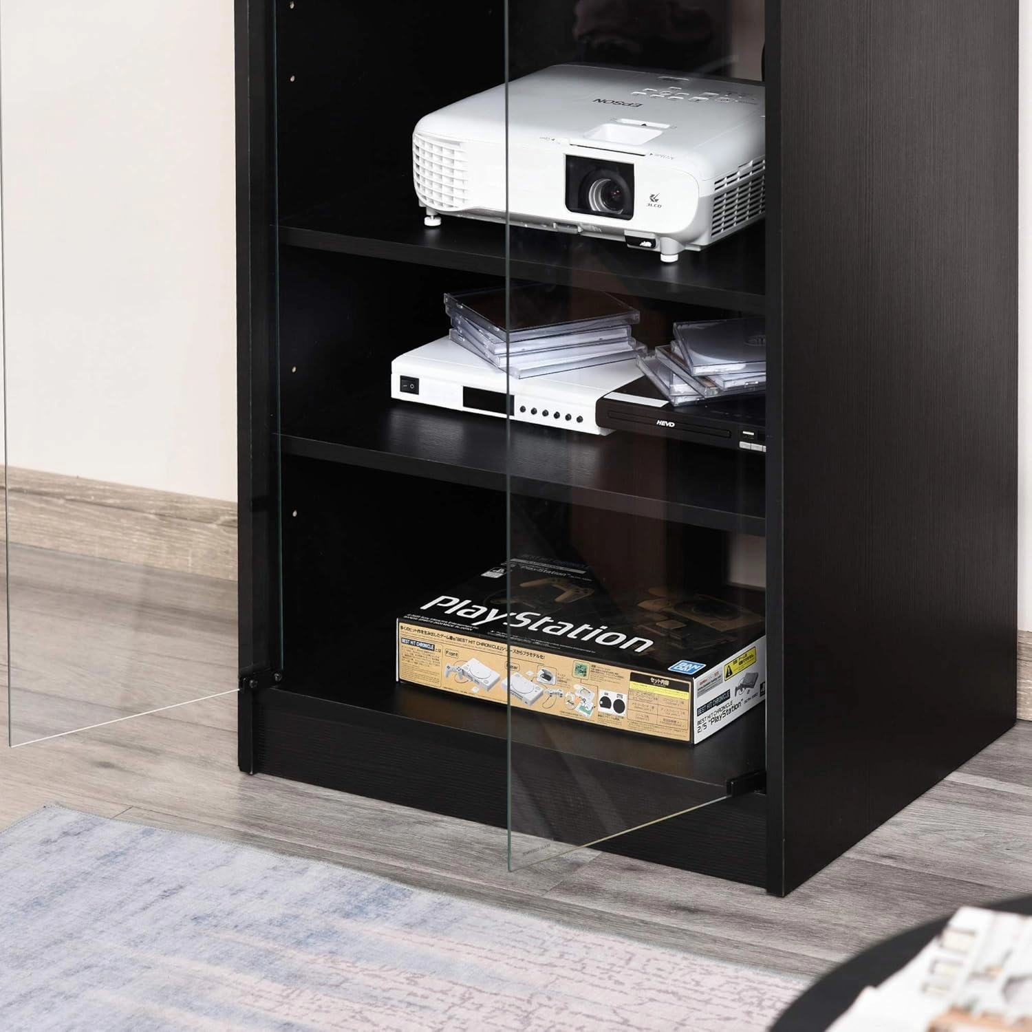 HOMCOM Media Cabinet, 4-Tier Stereo Cabinet, Record Player Stand with Vinyl Record Storage, Adjustable Shelves, Tempered Glass Doors and Cable Management, Distressed Black