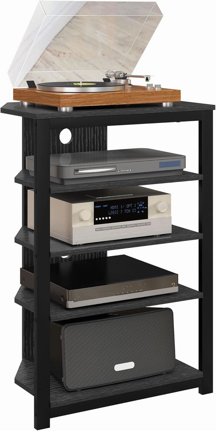 HOMCOM Media Stand with 4-Tier Audio Rack AV Media Corner Shelf with Cable Management for DVD Players Game Console TV Box Cable Box Xbox WiFi Router, Black audio rack,hi-fi component stand,media shelf,