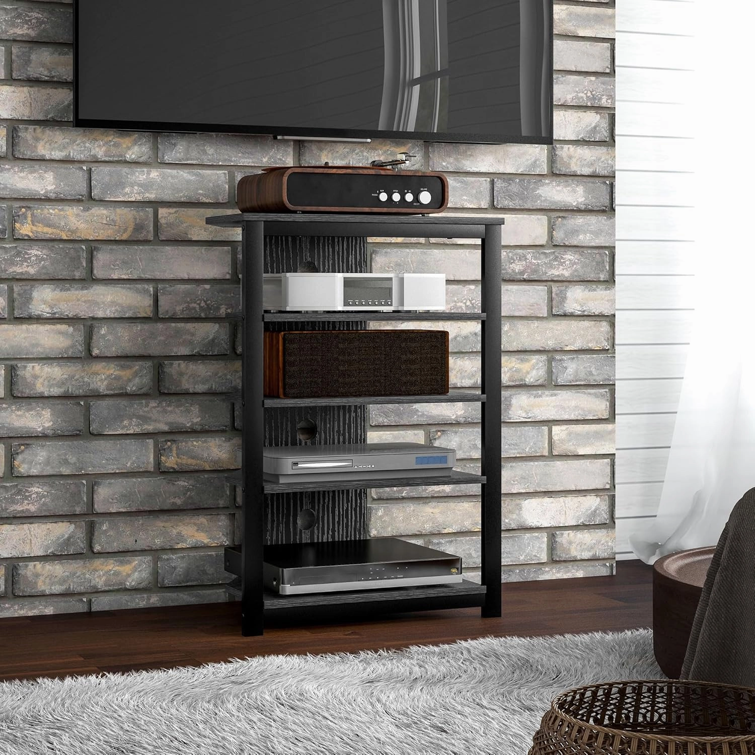 HOMCOM Media Stand with 4-Tier Audio Rack AV Media Corner Shelf with Cable Management for DVD Players Game Console TV Box Cable Box Xbox WiFi Router, Black