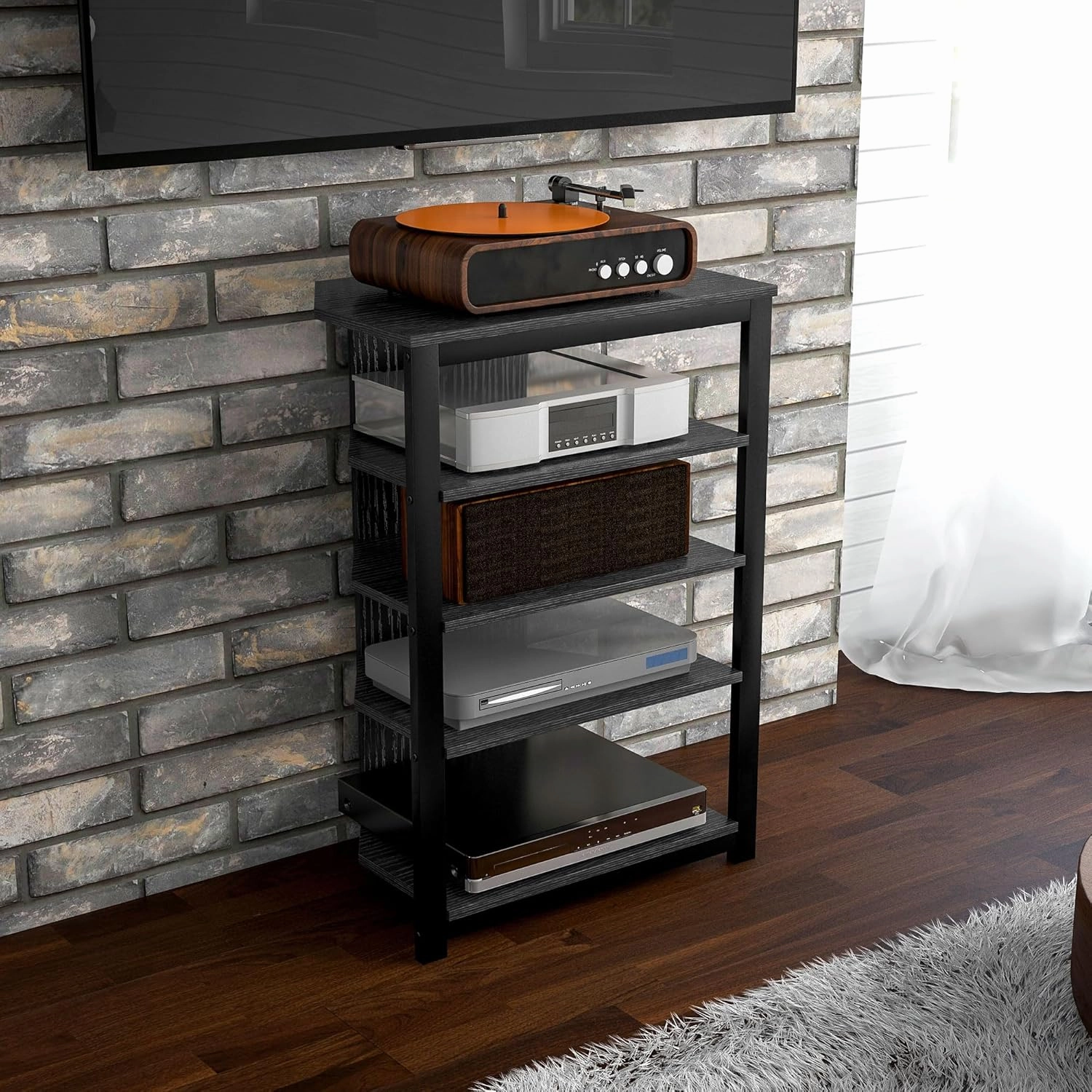 HOMCOM Media Stand with 4-Tier Audio Rack AV Media Corner Shelf with Cable Management for DVD Players Game Console TV Box Cable Box Xbox WiFi Router, Black