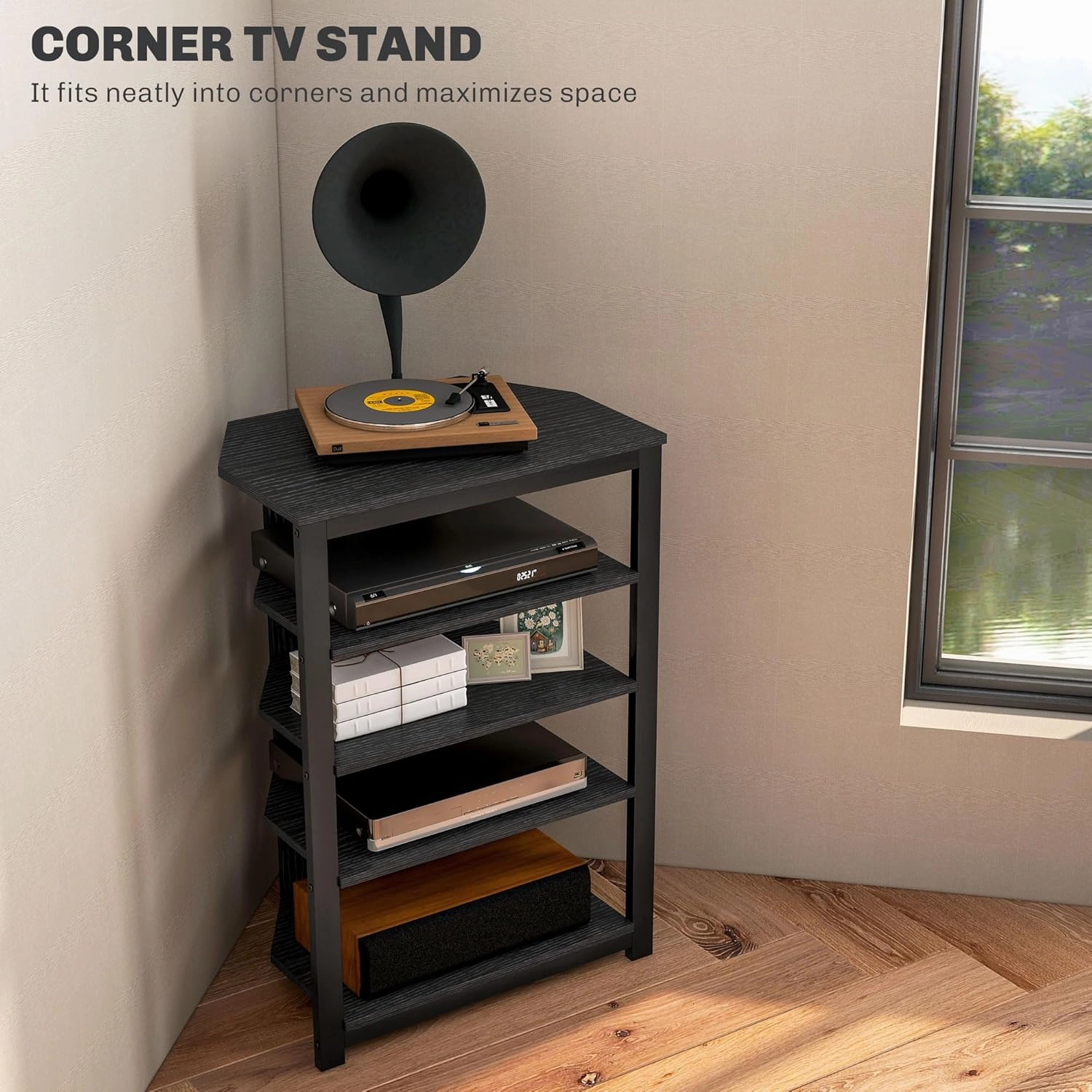 HOMCOM Media Stand with 4-Tier Audio Rack AV Media Corner Shelf with Cable Management for DVD Players Game Console TV Box Cable Box Xbox WiFi Router, Black
