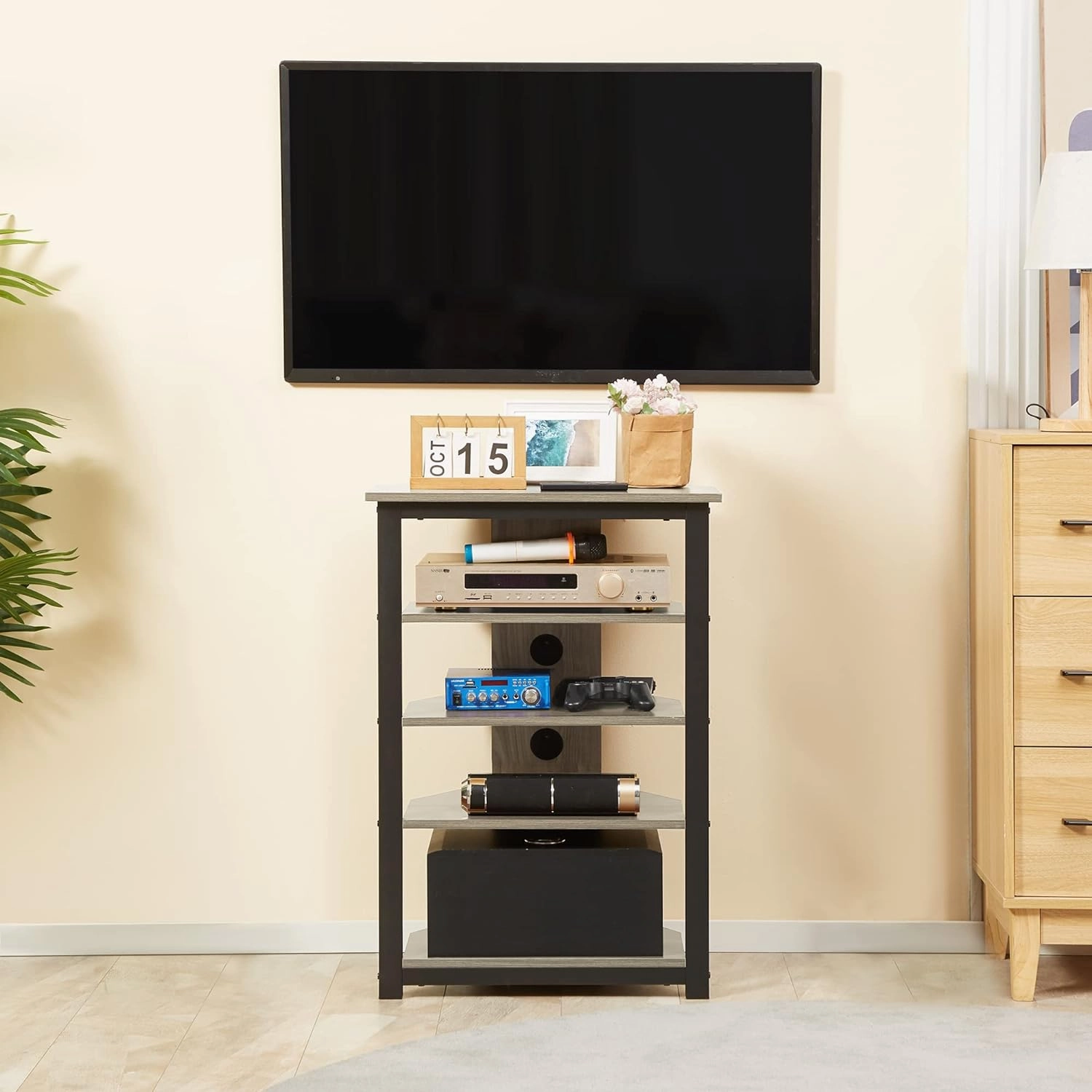 HOMCOM Media Stand with 4-Tier Audio Rack AV Media Corner Shelf with Cable Management for DVD Players Game Console TV Box Cable Box Xbox WiFi Router, Gray