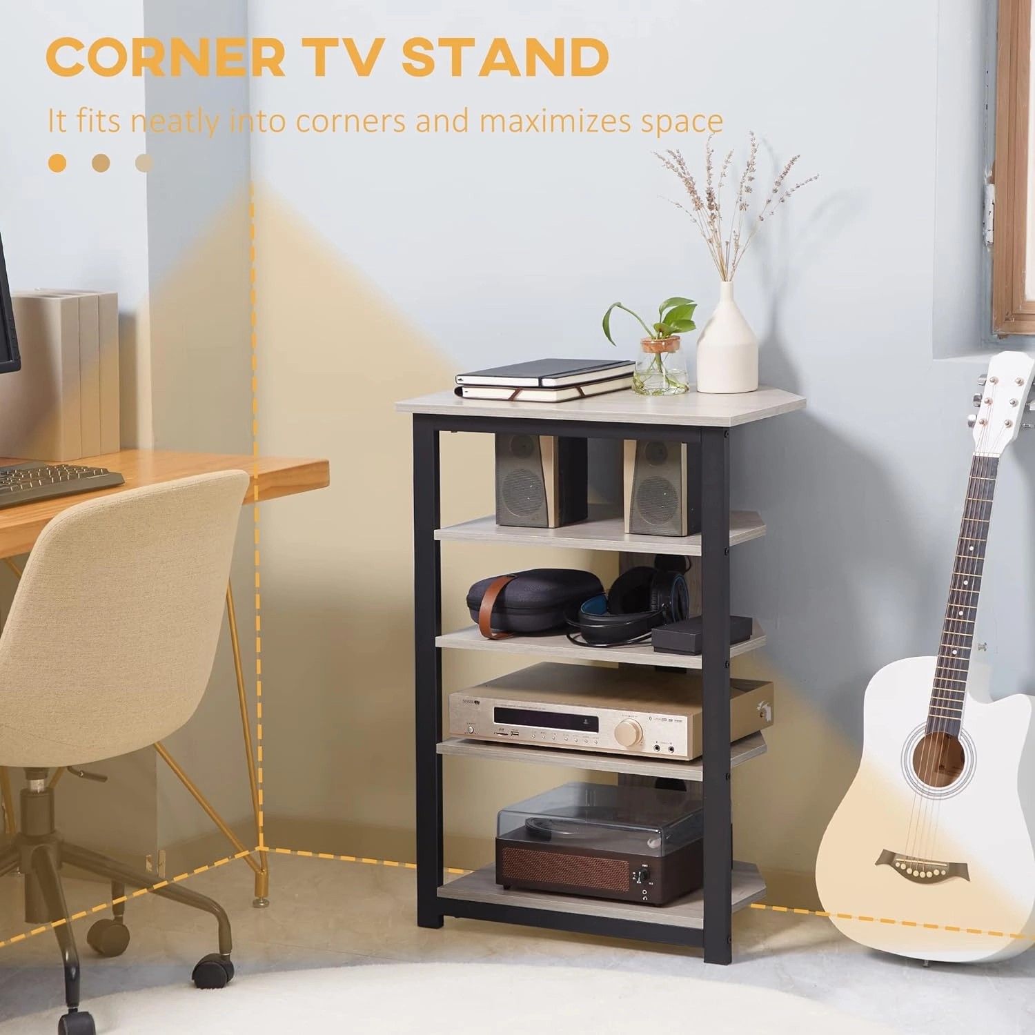 HOMCOM Media Stand with 4-Tier Audio Rack AV Media Corner Shelf with Cable Management for DVD Players Game Console TV Box Cable Box Xbox WiFi Router, Gray