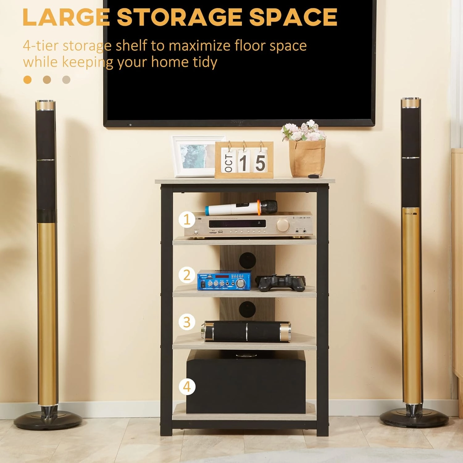 HOMCOM Media Stand with 4-Tier Audio Rack AV Media Corner Shelf with Cable Management for DVD Players Game Console TV Box Cable Box Xbox WiFi Router, Gray