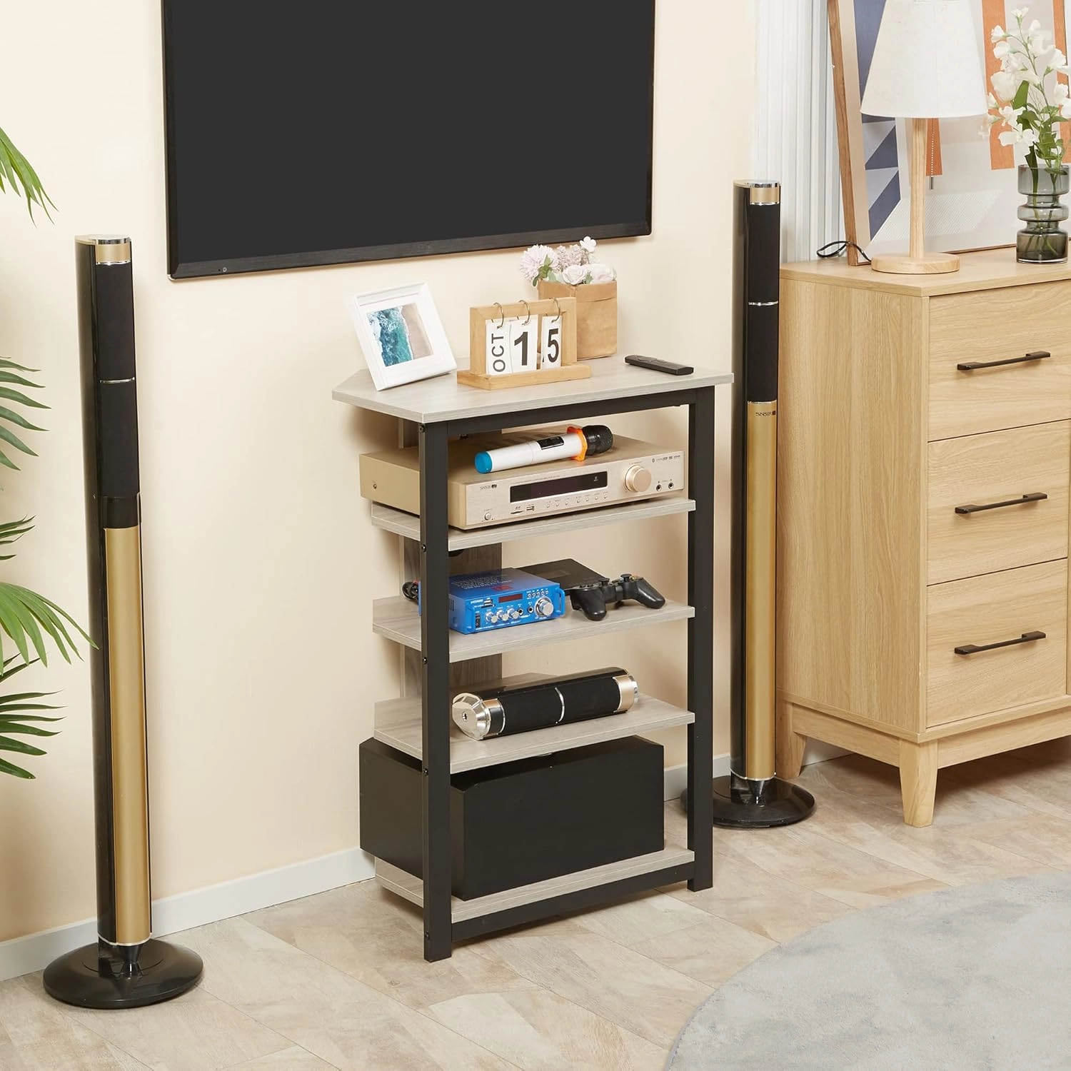 HOMCOM Media Stand with 4-Tier Audio Rack AV Media Corner Shelf with Cable Management for DVD Players Game Console TV Box Cable Box Xbox WiFi Router, Gray