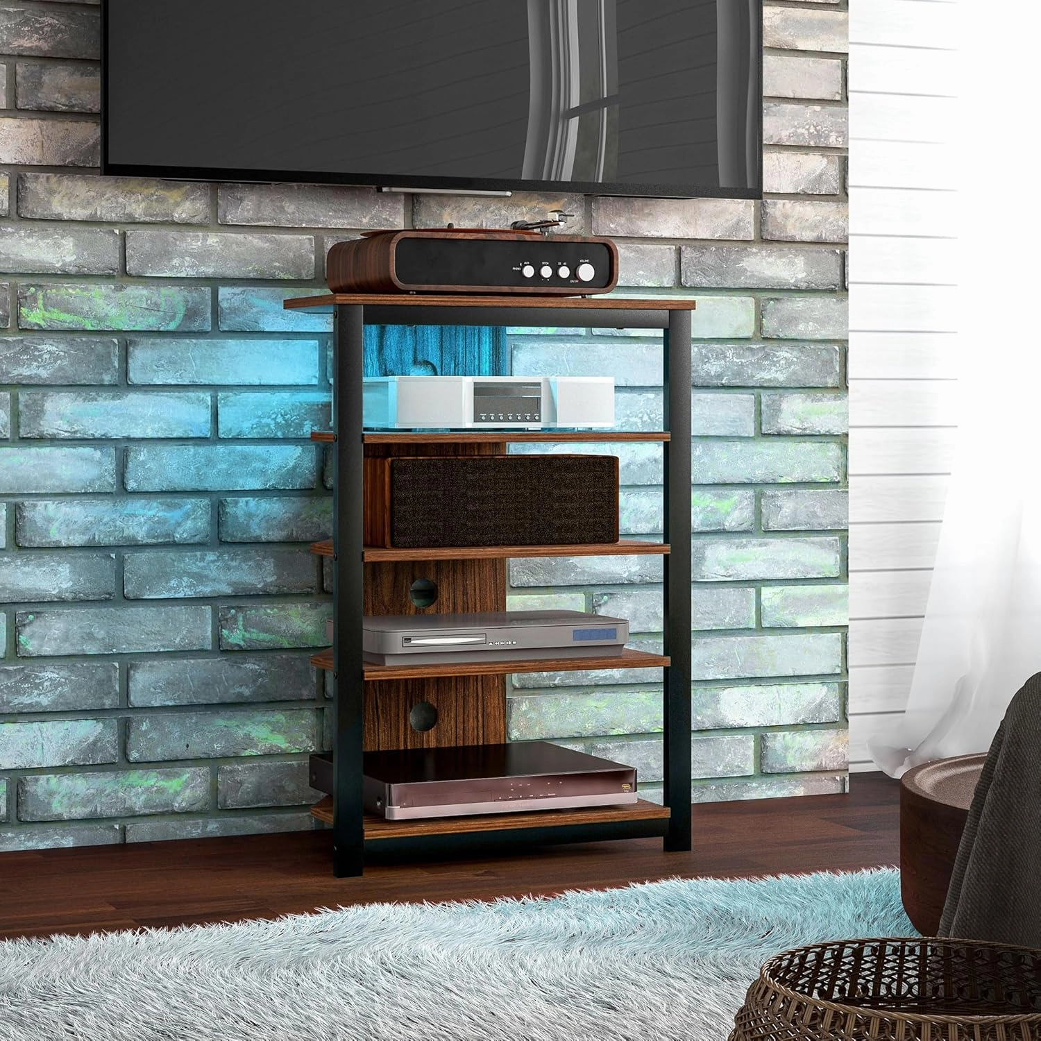 HOMCOM Media Stand with LED 4-Tier Audio Rack AV Media Corner Shelf with Cable Management for DVD Players Game Console TV Box Cable Box Xbox WiFi Router, Brown