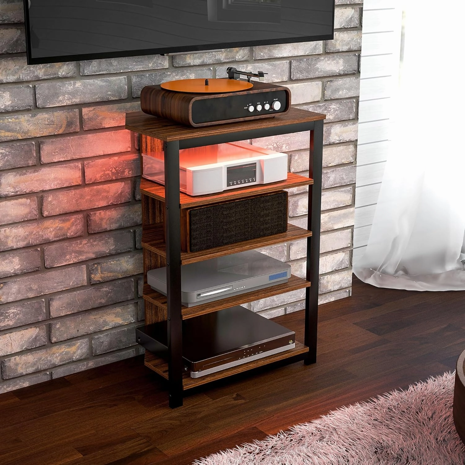 HOMCOM Media Stand with LED 4-Tier Audio Rack AV Media Corner Shelf with Cable Management for DVD Players Game Console TV Box Cable Box Xbox WiFi Router, Brown