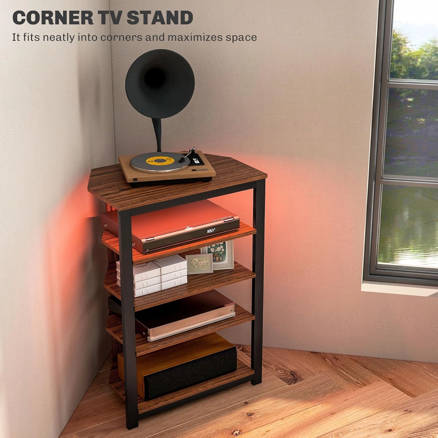 HOMCOM Media Stand with LED 4-Tier Audio Rack AV Media Corner Shelf with Cable Management for DVD Players Game Console TV Box Cable Box Xbox WiFi Router, Brown