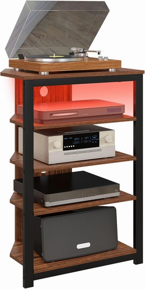 HOMCOM Media Stand with LED 4-Tier Audio Rack AV Media Corner Shelf with Cable Management for DVD Players Game Console TV Box Cable Box Xbox WiFi Router, Brown audio rack,hi-fi component stand,media shelf,