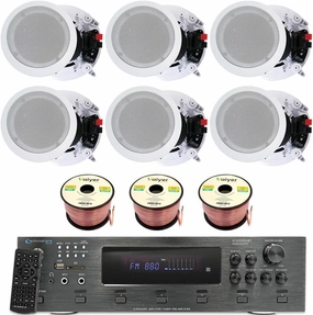 Home Stereo System Kit - 6 Channel 6000 Watts Bluetooth Amplifier w/ 6 Qty of 8 Framed Ceiling Speakers 300 W Each, 300 ft Speaker Wire & Remote for Living Room, Office, Bar by Technical Pro soundbar,TV speaker bar,home theater soundbar,