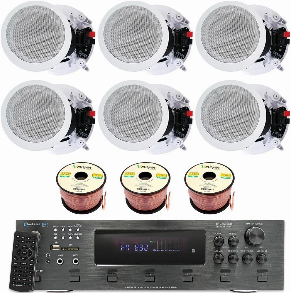 Home Stereo System Kit - 6 Channel 6000 Watts Bluetooth Amplifier w/ 6 Qty of 8 Framed Ceiling Speakers 300 W Each, 300 ft Speaker Wire & Remote for Living Room, Office, Bar by Technical Pro soundbar,TV speaker bar,home theater soundbar,