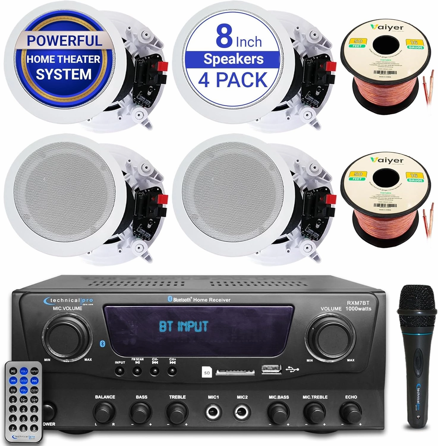 Home Theater Sound System Kit - 1000 W Bluetooth Amplifier w/ 4 Qty of 8" Framed Ceiling Speakers 300 W Each, Mic, 100 ft Speaker Wire & Remote Perfect for Home, Office, Bar, Restaurant by Vaiyer soundbar,TV speaker bar,home theater soundbar,