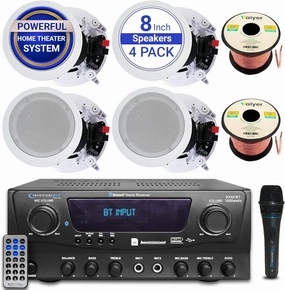 Home Theater Sound System Kit - 1000 W Bluetooth Amplifier w/ 4 Qty of 8" Framed Ceiling Speakers 300 W Each, Mic, 100 ft Speaker Wire & Remote Perfect for Home, Office, Bar, Restaurant by Vaiyer soundbar,TV speaker bar,home theater soundbar,