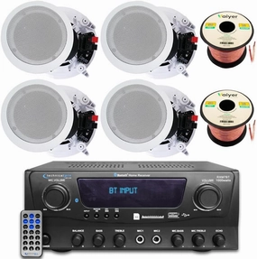 Home Theater Sound System Kit - 1000 Watts Bluetooth Amplifier w/ 4 QTY of 8" Framed Ceiling Speakers 300 W Each, 100 ft Speaker Wire & Remote Perfect for Home, Office,Bar, Restaurant by Technical Pro soundbar,TV speaker bar,home theater soundbar,
