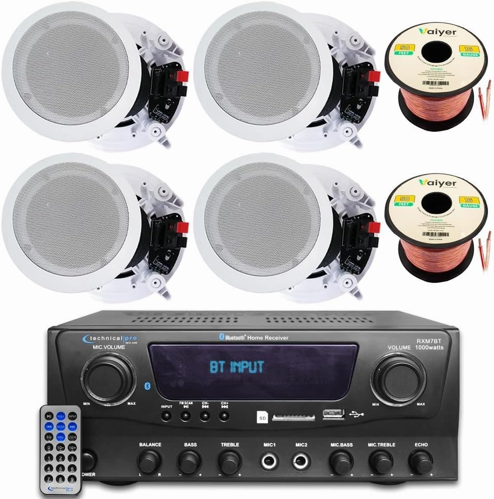 Home Theater Sound System Kit - 1000 Watts Bluetooth Amplifier w/ 4 QTY of 8" Framed Ceiling Speakers 300 W Each, 100 ft Speaker Wire & Remote Perfect for Home, Office,Bar, Restaurant by Technical Pro soundbar,TV speaker bar,home theater soundbar,