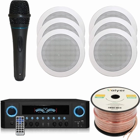 Home Theater System Kit 1000 Watts Amplifier w/USB, SD Card Inputs, (Qty 6) 5.25" Flush Mount in-Wall/in-Ceiling Stereo Speakers, Mic and 250 ft Speaker Wire | Perfect for Home, Office and Restaurants surround sound system,cinema audio kit,5.1 surroun