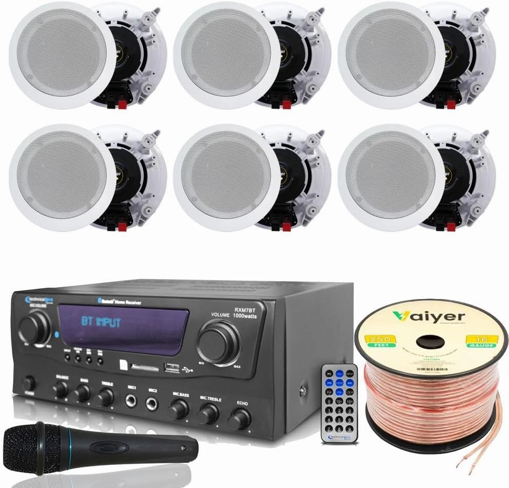 Home Theater System Kit 1000 Watts Bluetooth Receiver w/ 6 Qty 5.25" 175 Watts Each in-Wall in-Ceiling Speakers & 16 Gauge 250 ft. Speaker Wire Portable Microphone w/Remote Control by Technical Pro soundbar,TV speaker bar,home theater soundbar,