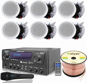 Home Theater System Kit 1000 Watts Bluetooth Receiver w/ 6 Qty 5.25" 175 Watts Each in-Wall in-Ceiling Speakers & 16 Gauge 250 ft. Speaker Wire Portable Microphone w/Remote Control by Technical Pro soundbar,TV speaker bar,home theater soundbar,
