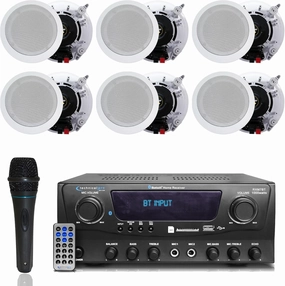 Home Theater System Kit 1000 Watts Bluetooth Receiver w/ 6 Qty 5.25" 175 Watts Each in-Wall in-Ceiling Speakers with Portable Microphone & Remote Control by Technical Pro soundbar,TV speaker bar,home theater soundbar,