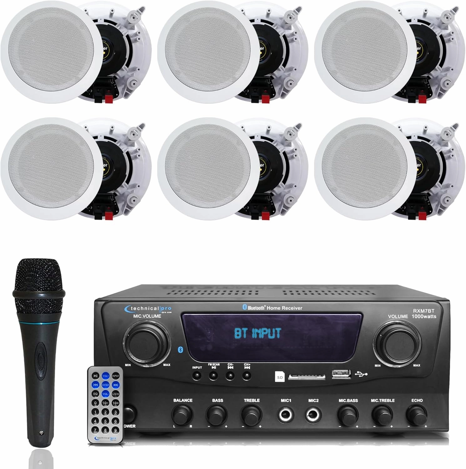 Home Theater System Kit 1000 Watts Bluetooth Receiver w/ 6 Qty 5.25" 175 Watts Each in-Wall in-Ceiling Speakers with Portable Microphone & Remote Control by Technical Pro soundbar,TV speaker bar,home theater soundbar,