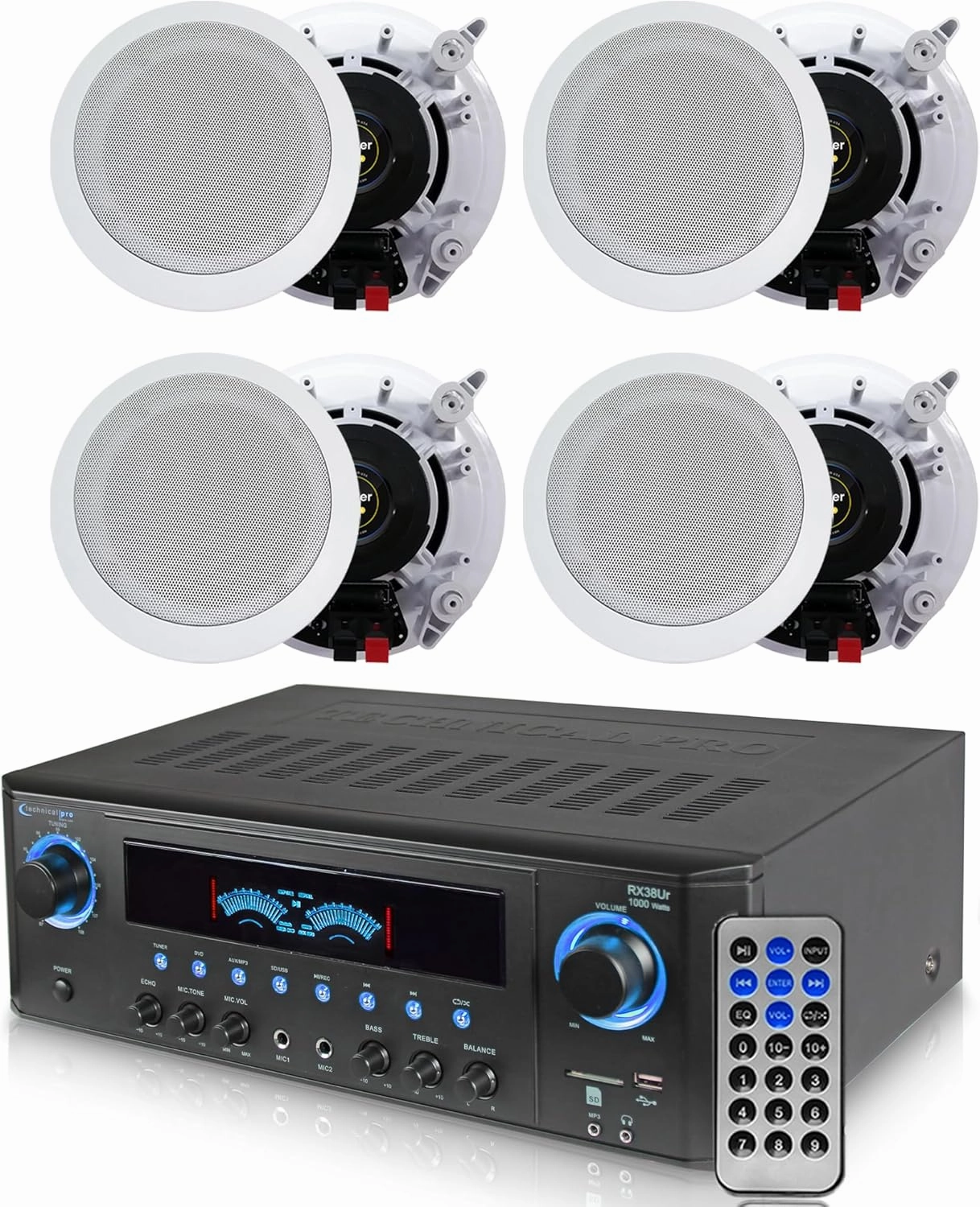 Home Theater System Kit 1000 Watts Professional Home Stereo Receiver with (Qty 4) 5.25 175 Watts in-Wall in-Ceiling Speakers & Remote Control - Perfect for Home/Office/Bar by Technical Pro soundbar,TV speaker bar,home theater soundbar,
