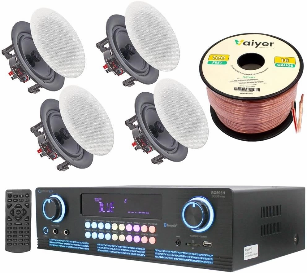 Home Theater System Kit 2000 Watts Bluetooth Amplifier with 4 Qty 5.25" 175 Watts in-Wall in-Ceiling Frameless Speakers & 16 Gauge 100 ft. Speaker Wire by Technical Pro integrated amplifier,stereo receiver,hi-fi amp combo,