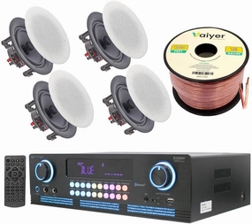 Home Theater System Kit 2000 Watts Bluetooth Amplifier with 4 Qty 5.25" 175 Watts in-Wall in-Ceiling Frameless Speakers & 16 Gauge 100 ft. Speaker Wire by Technical Pro integrated amplifier,stereo receiver,hi-fi amp combo,