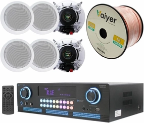 Home Theater System Kit 2000 Watts Bluetooth Amplifier with 6 Qty 6.5" 200 Watts in-Wall in-Ceiling Speakers & 16 Gauge 250 ft. Speaker Wire by Technical Pro soundbar,TV speaker bar,home theater soundbar,