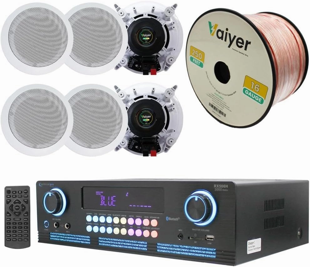 Home Theater System Kit 2000 Watts Bluetooth Amplifier with 6 Qty 6.5" 200 Watts in-Wall in-Ceiling Speakers & 16 Gauge 250 ft. Speaker Wire by Technical Pro soundbar,TV speaker bar,home theater soundbar,
