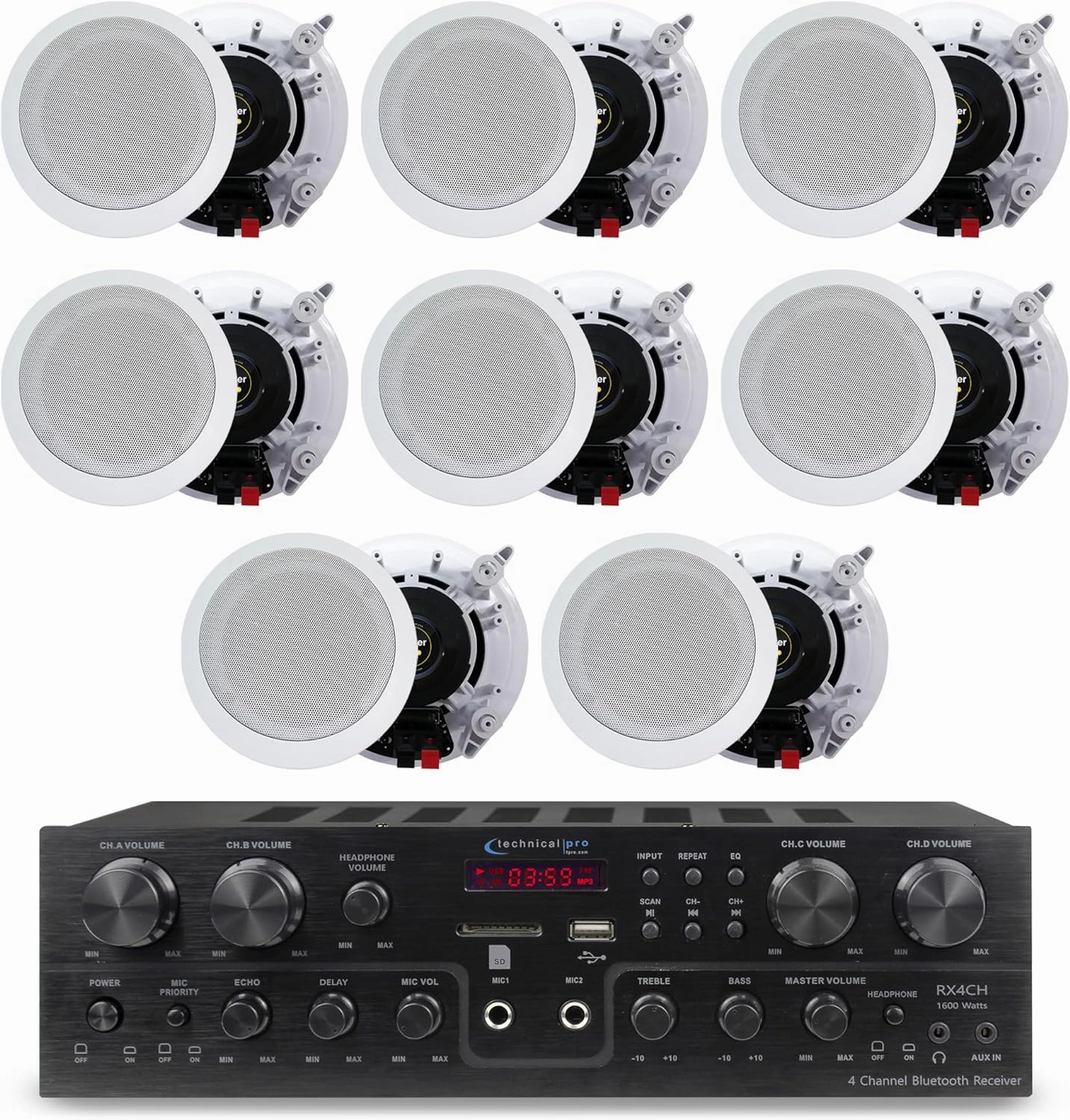 Home Theater System Kit with 1000 Watts 4-Chanel Bluetooth Receiver & 8 Qty 6.5" 200 Watts in-Wall in-Ceiling Speakers of 2-Way Stereo Sound with Woofer/Tweeter, Flush Design by Technical Pro surround sound system,cinema audio kit,5.1 surround pac