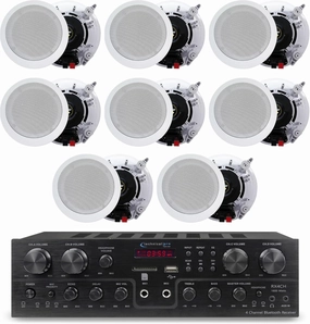 Home Theater System Kit with 1000 Watts 4-Chanel Bluetooth Receiver & 8 Qty 6.5" 200 Watts in-Wall in-Ceiling Speakers of 2-Way Stereo Sound with Woofer/Tweeter, Flush Design by Technical Pro surround sound system,cinema audio kit,5.1 surround pac