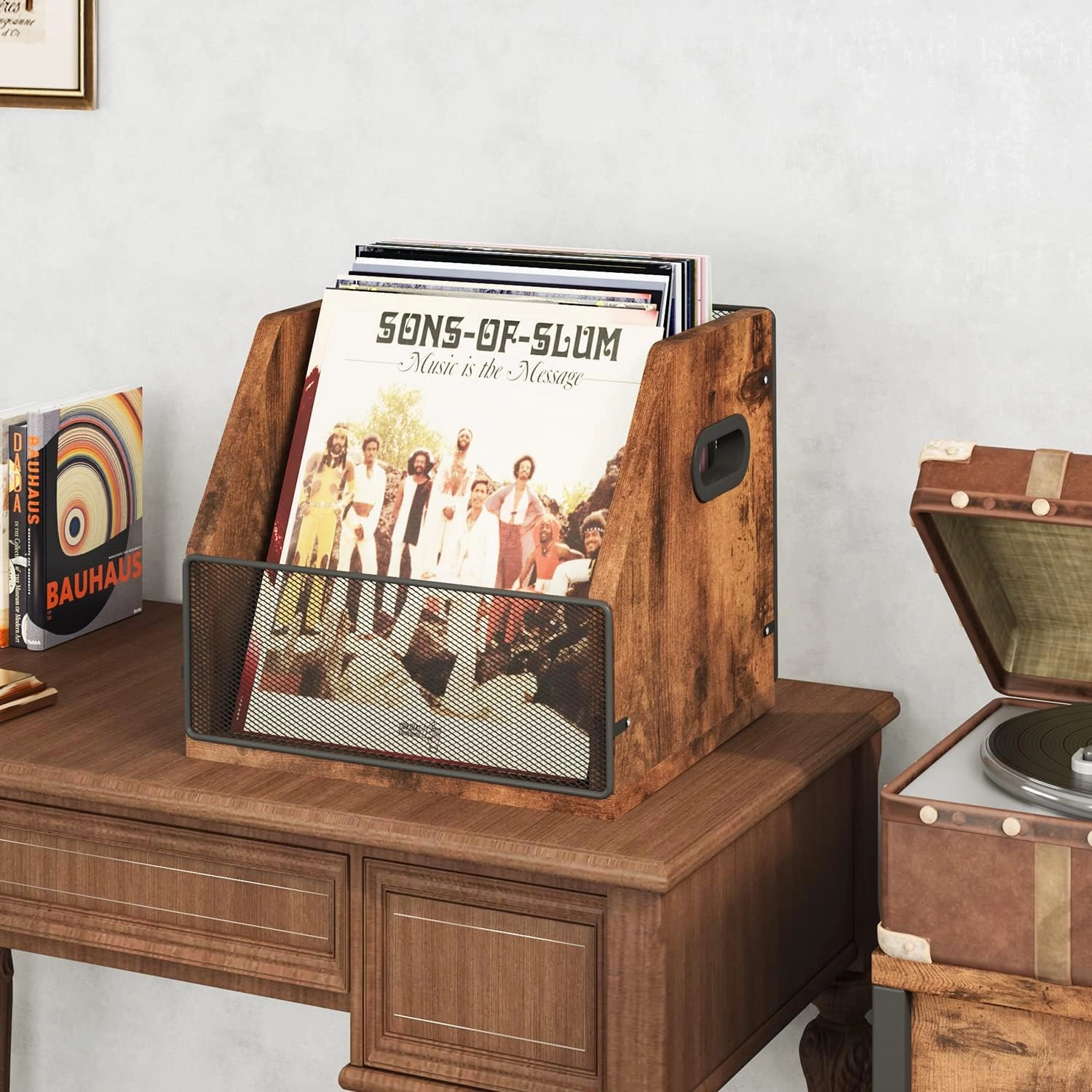 Homeiju Vinyl Record Storage, Record Box Case Crate, Vinyl Record Album Holder, Desktop Metal & Wooden LP Record Crate, Holds up to 60 RecordsPatent No.D1024563