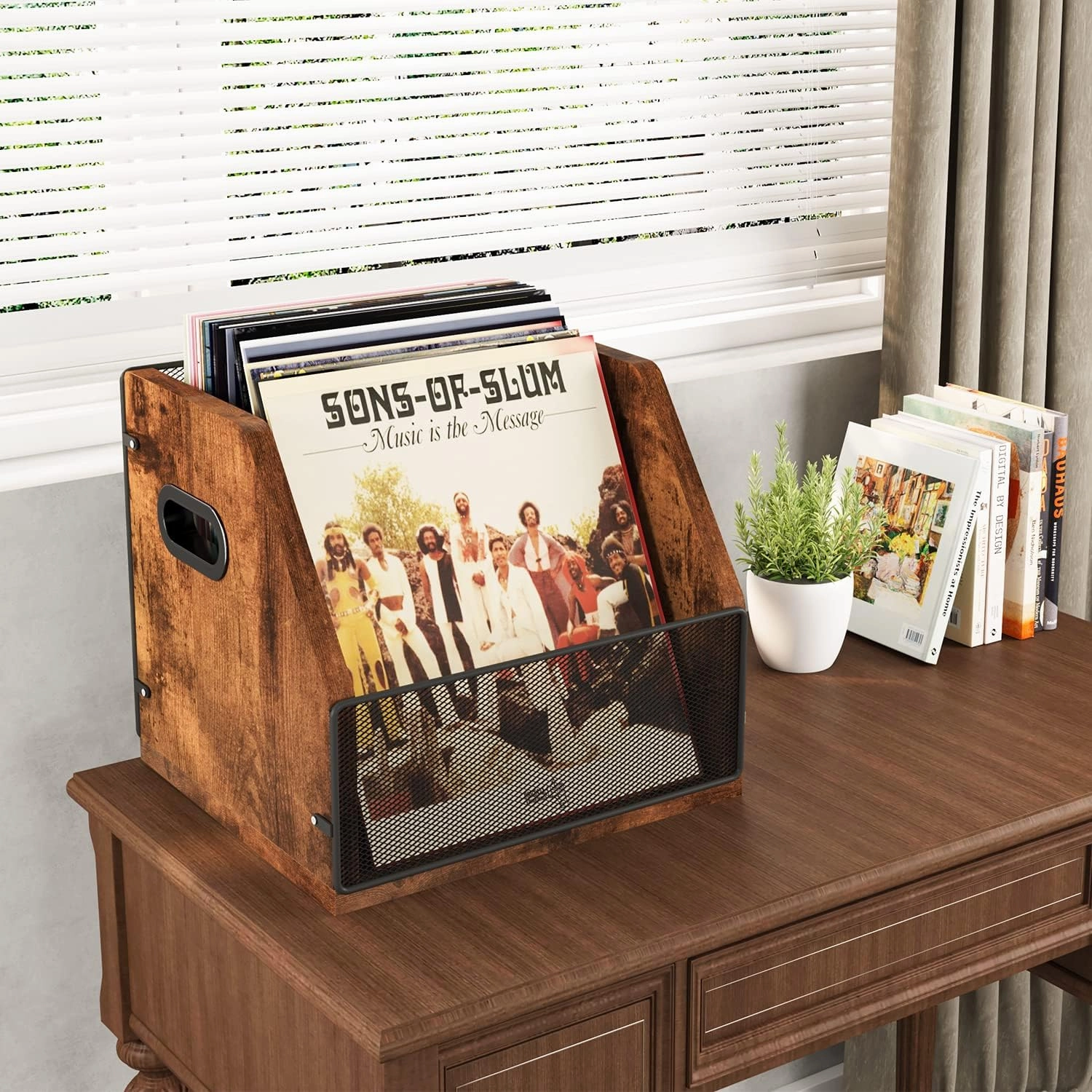 Homeiju Vinyl Record Storage, Record Box Case Crate, Vinyl Record Album Holder, Desktop Metal & Wooden LP Record Crate, Holds up to 60 RecordsPatent No.D1024563